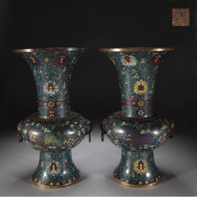 A Pair of Exquisite Cloisonne Lotus Pattern Lion Pattern Double-Ears Vase
