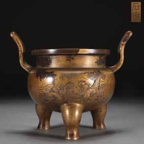 An Exquisite Gilt Bronze Character and Story Pattern Double-Ears and Tripod Censer