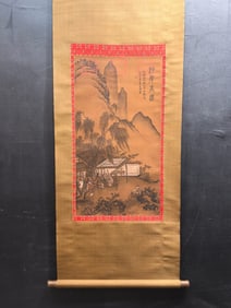 A Chinese Vertical Scroll Ink Painting of Landscape and Figure on Silk