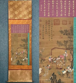 A Chinese Vertical Scroll Ink Painting of Character and Story on Silk