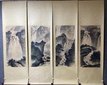 A Chinese Vertical Scroll Ink Painting of Landscape on Paper