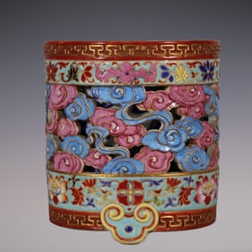 An Exquisite Enamel Blue and White Painted Gold Lotus Pattern Brush Pot