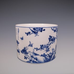An Exquisite Blue and White Flower and Bird Pattern with poem Brush Pot