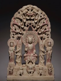 An Exquisite Marble Painted Color Buddha Statue