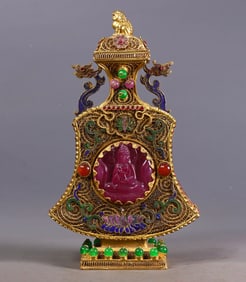 An Exquisite Gilt Bronze Inlaid Gems Figure Pattern Double-Ears Vase