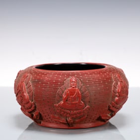 A Exquisite Carved Red Lacquer Buddha statue Pattern Brush Washer