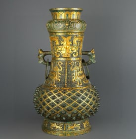 An Exquisite Bronze Inlaid Gold Beast-Face Pattern With Inscription Double-Ears Vase