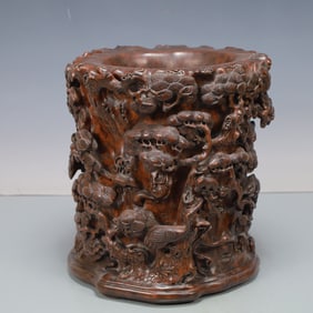 A Exquisite Zitanwood Pine and Crane Pattern Brush Pot