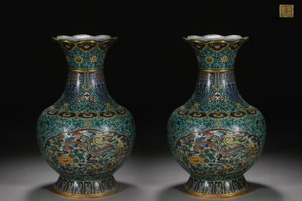 A Pair of Exquisite Cloisonne Phoenix Pattern Lotus Pattern Vase