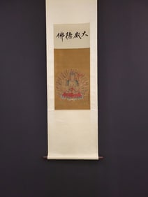 A Chinese Vertical Scroll Ink Painting of Buddha Statue on Silk