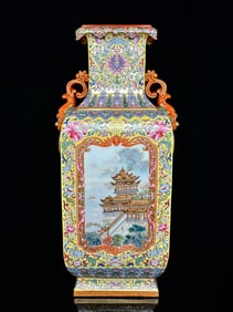 An Exquisite Famille-Rose Iron-Red Painted Gold Lotus Pattern Bats and Peach Pattern Landscape