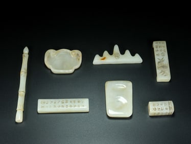 A Set of Fine White Jade Flower Pattern with poem Ornament