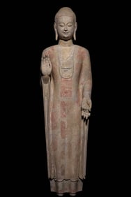 An Exquisite Limestone Painted Color Buddha Statue