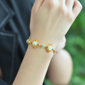 An Exquisite Sterling Silver-Gold Plated Inlaid White Jade Bracelet,Inlaid Turquoise