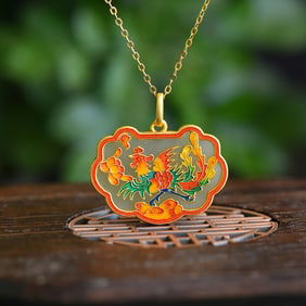 An Exquisite Sterling Silver-Gold Plated Inlaid White Jade Enamel Pendant