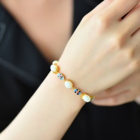 An Exquisite Sterling Silver-Gold Plated Inlaid White Jade Enamel Bracelet