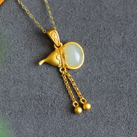 An Exquisite Sterling Silver-Gold Plated Inlaid White Jade Pendant