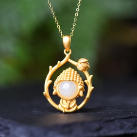 An Exquisite Sterling Silver-Gold Plated Inlaid White Jade Pendant