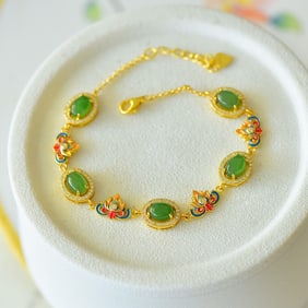 An Exquisite Sterling Silver-Gold Plated Inlaid Jasper Enamel Bracelet,Inlaid Diamond