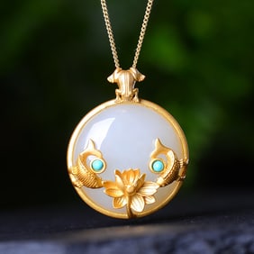 An Exquisite Sterling Silver-Gold Plated Inlaid White Jade Pendant