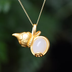 An Exquisite Sterling Silver-Gold Plated Inlaid White Jade Pendant