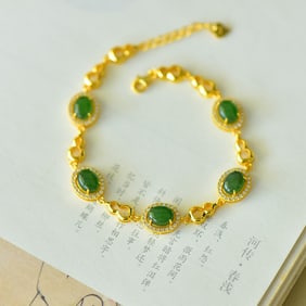 An Exquisite Sterling Silver-Gold Plated Inlaid Jasper Bracelet,Inlaid Diamond