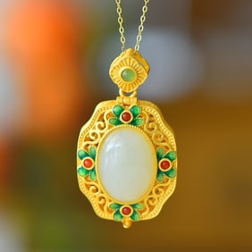 An Exquisite Sterling Silver-Gold Plated Inlaid White Jade Pendant