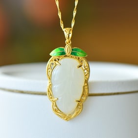 An Exquisite Sterling Silver-Gold Plated Inlaid White Jade Pendant