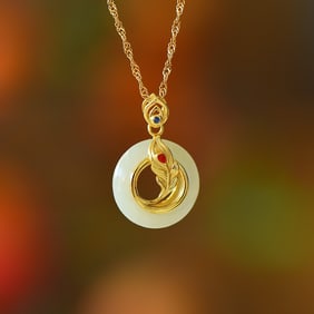 An Exquisite Sterling Silver-Gold Plated Inlaid White Jade Pendant
