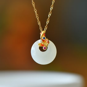 An Exquisite Sterling Silver-Gold Plated Inlaid White Jade Pendant
