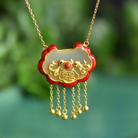 An Exquisite Sterling Silver-Gold Plated Inlaid White Jade Pendant