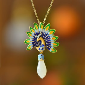 An Exquisite Sterling Silver-Gold Plated Inlaid White Jade Enamel Pendant