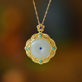 An Exquisite Sterling Silver-Gold Plated Inlaid White Jade Pendant