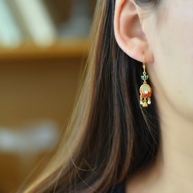 A Pair of Exquisite Sterling Silver-Gold Plated Inlaid White Jade Enamel Earrings,Inlaid Pearl
