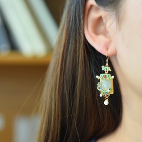 A Pair of Exquisite Sterling Silver-Gold Plated Inlaid White Jade Enamel Earrings,Inlaid Pearl