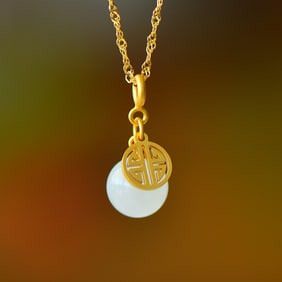 An Exquisite Sterling Silver-Gold Plated Inlaid White Jade Pendant