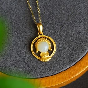 An Exquisite Sterling Silver-Gold Plated Inlaid White Jade Pendant