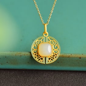 An Exquisite Sterling Silver-Gold Plated Inlaid White Jade Pendant