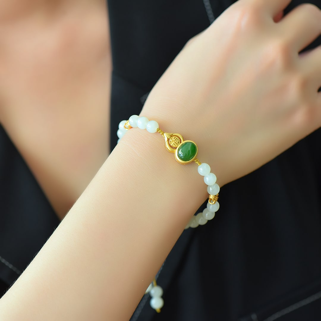 An Exquisite Sterling Silver-Gold Plated Inlaid White Jade Bracelet,???: An Exquisite Sterling Silver-Gold Plated Inlaid White Jade Bracelet,??? ?????????,???