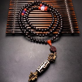 An Exquisite Zitanwood Inlaid Bronze Dzi Bead Vajry Pestle Necklace