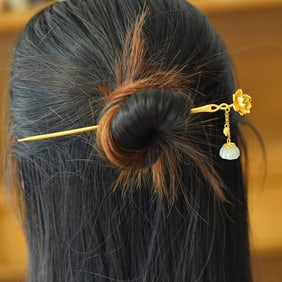 An Exquisite Sterling Silver-Gold Plated Inlaid White Jade Hairpin