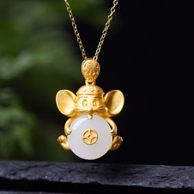 An Exquisite Sterling Silver-Gold Plated Inlaid White Jade Pendant