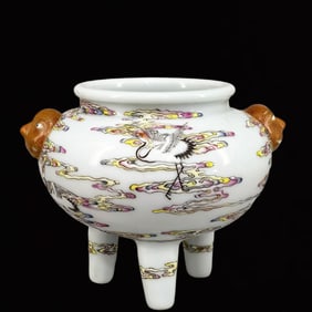 An Exquisite Famille-Rose Auspicious Cloud and Crane Pattern Beast-Ears and Tripod Censer