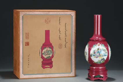 A Huge Red Glazed Famille-Rose Figure and Story Pattern Vase