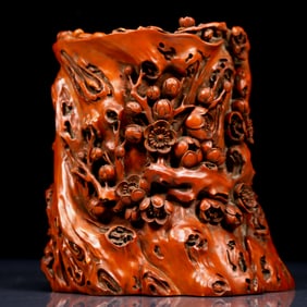 An Exquisite Boxwood Plum Blossom Pattern Brush Pot,With Poem