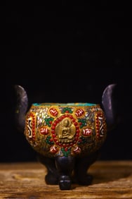 A Rare Meteorite Inlaid Dzi Bead and Turquoise Double-Ears and Tripod Censer