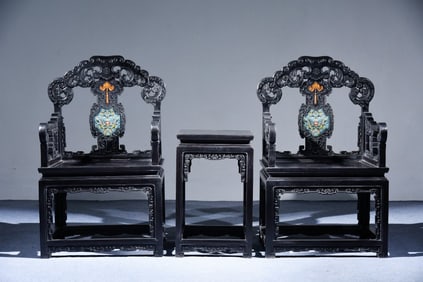 A Set of Zitanwood Inlaid Cloisonne Lotus Pattern Table and Armchair