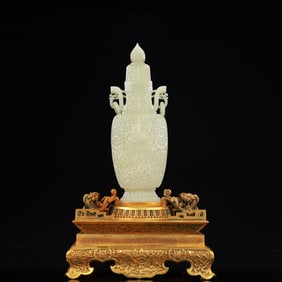 A Rare White Jade Shou-Character Flower Pattern Double-Ears Bottle,With Gilt Bronze Base