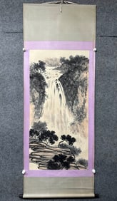 A Chinese Vertical Scroll Ink Painting of Landscape on Paper