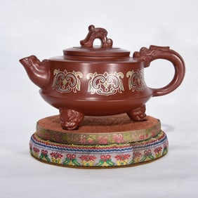 An Exquisite Purple Sands Famille-Rose Dragon Pattern Tripod Teapot